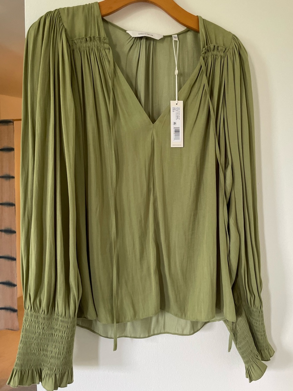 Rebecca Taylor Olive Green V-Neck Pleated Sleeve Blouse